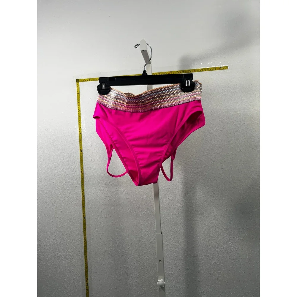 Hot Pink High Waisted Bikini Bottom Chevron Crochet Waist Strappy Cut Out Size M